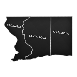 map showing Escambia, Santa Rosa, and Okaloosa Counties of Florida